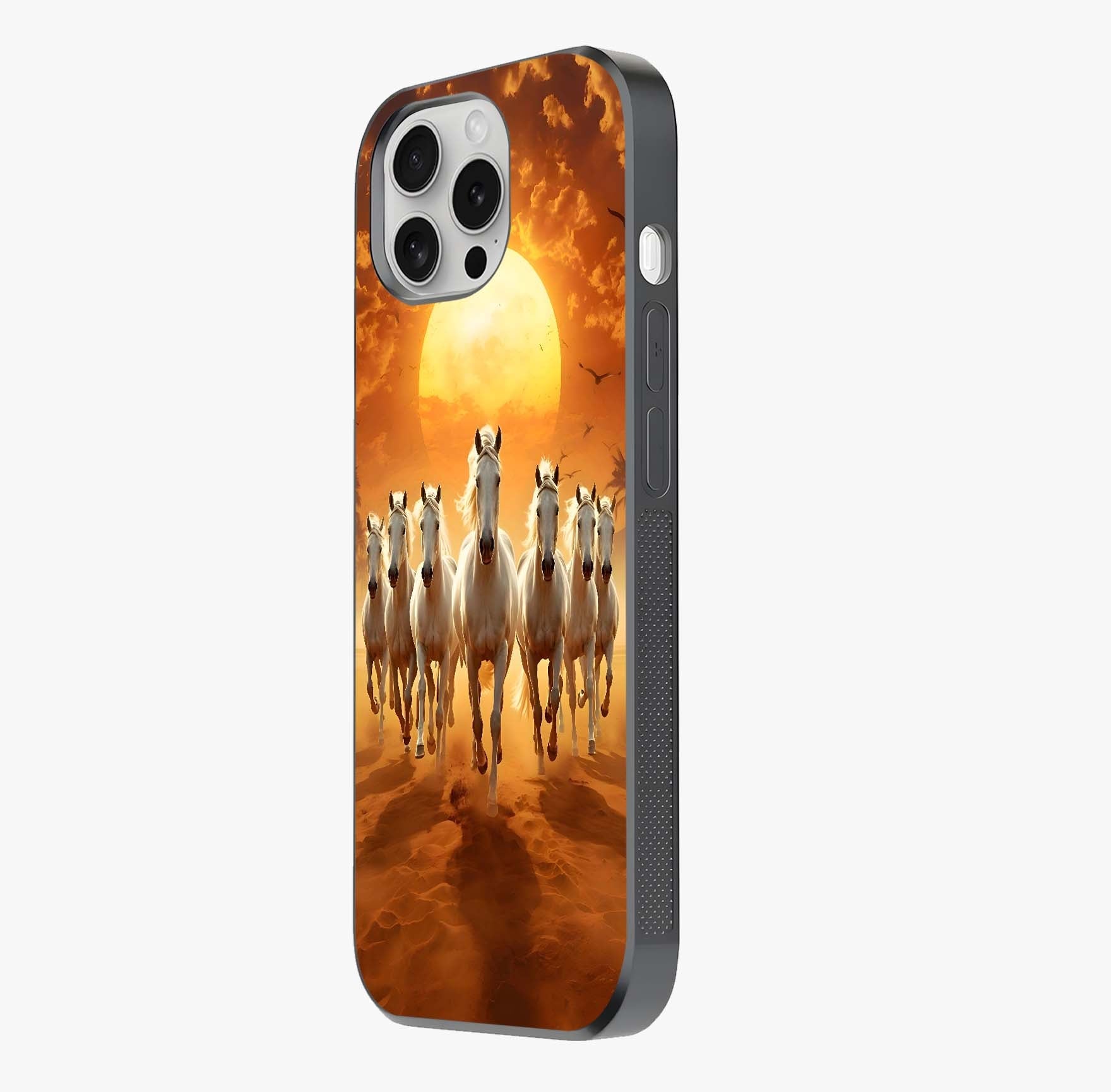 Wild Sunset Majesty Glass Case photographed in natural light showing reflective finish and design depth.
