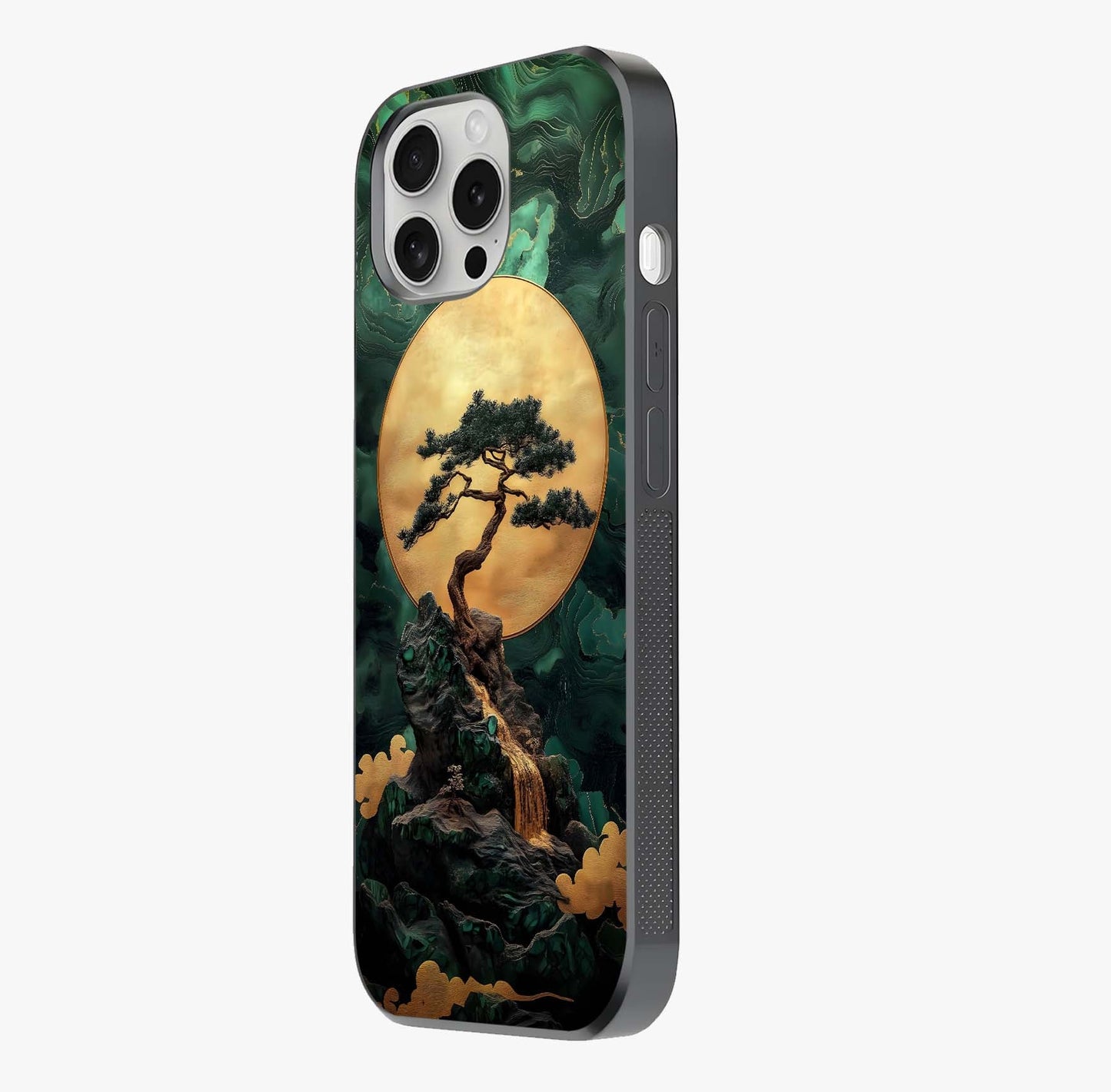 Zen Moon Rise Glass Case photographed in natural light showing reflective finish and design depth