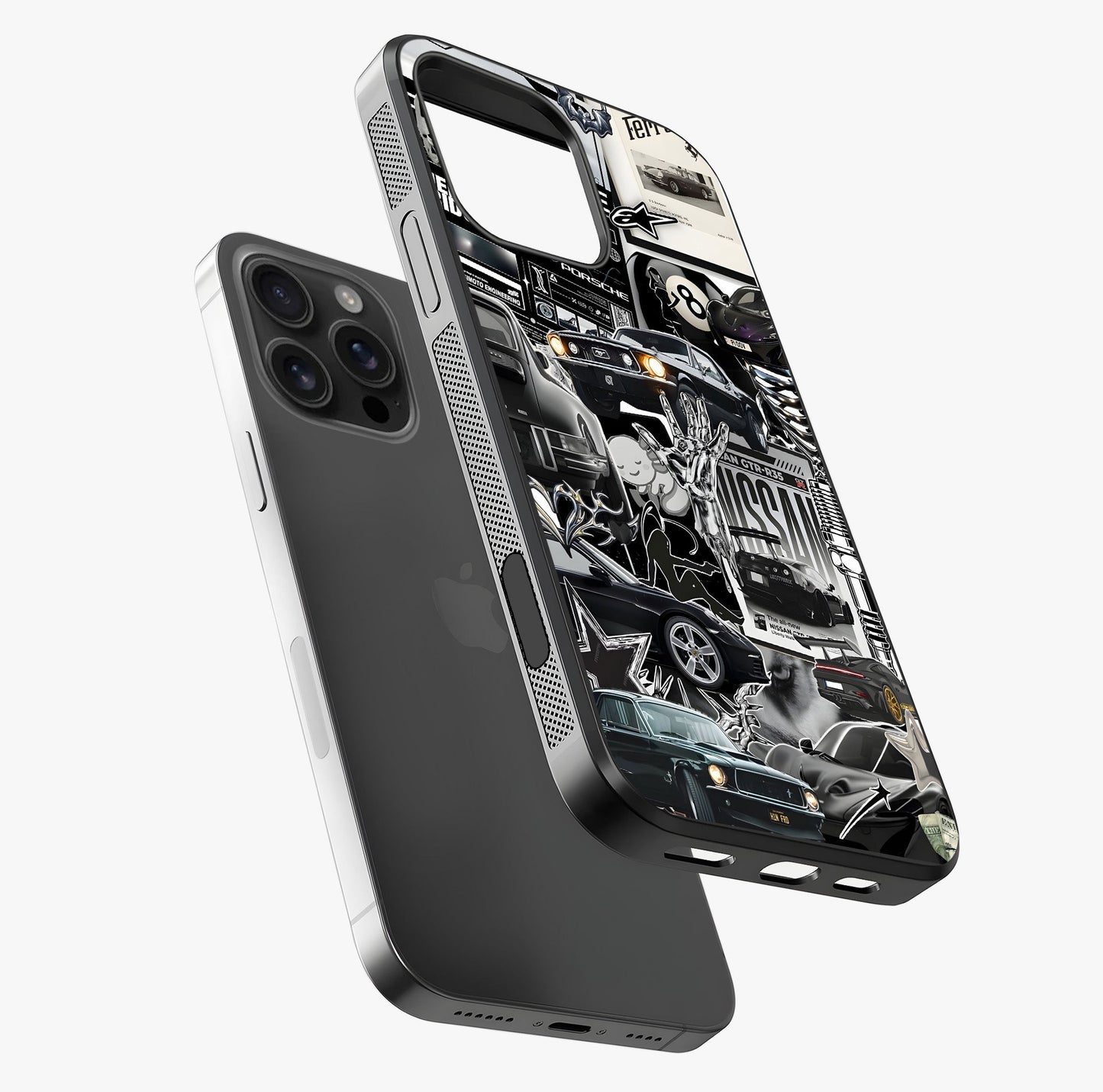 Aesthetic Dark Love Glass Case laid diagonally highlighting side profile, edges and glossy glass shine.