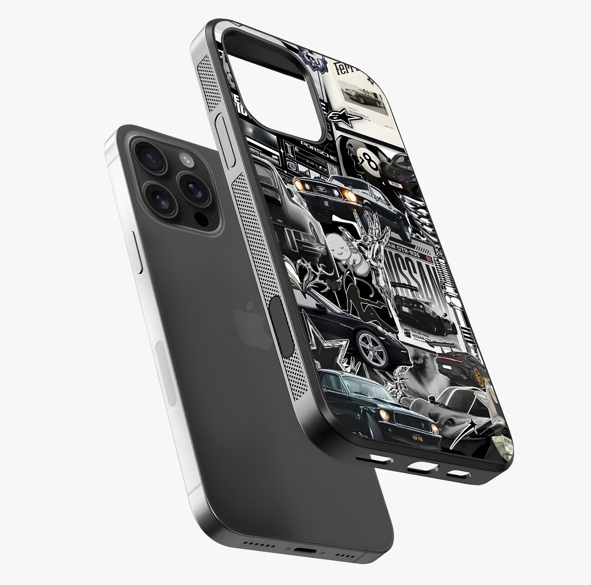 Aesthetic Dark Love Glass Case laid diagonally highlighting side profile, edges and glossy glass shine.