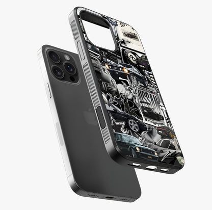 Aesthetic Dark Love Glass Case laid diagonally highlighting side profile, edges and glossy glass shine.