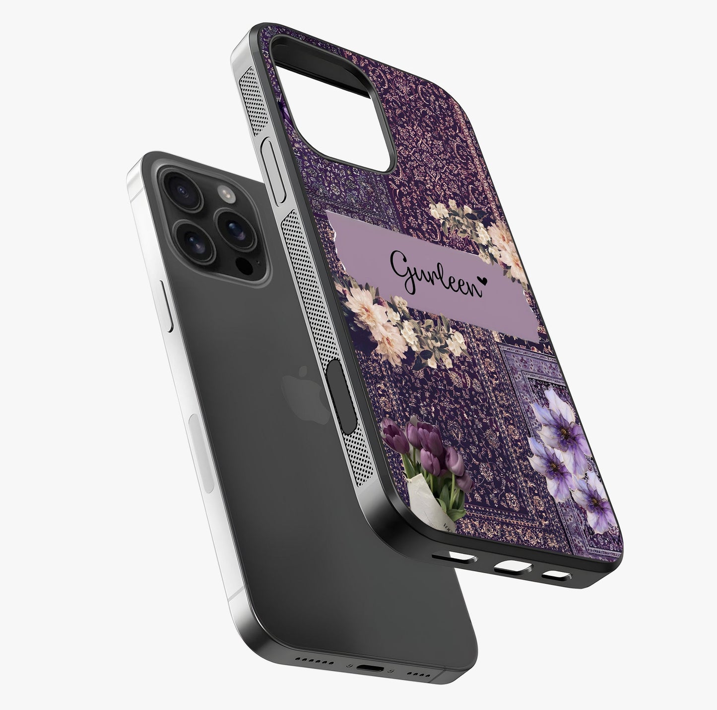 Antique Floral Whisper Custom Name Glass Case laid diagonally highlighting side profile, edges and glossy glass shine.