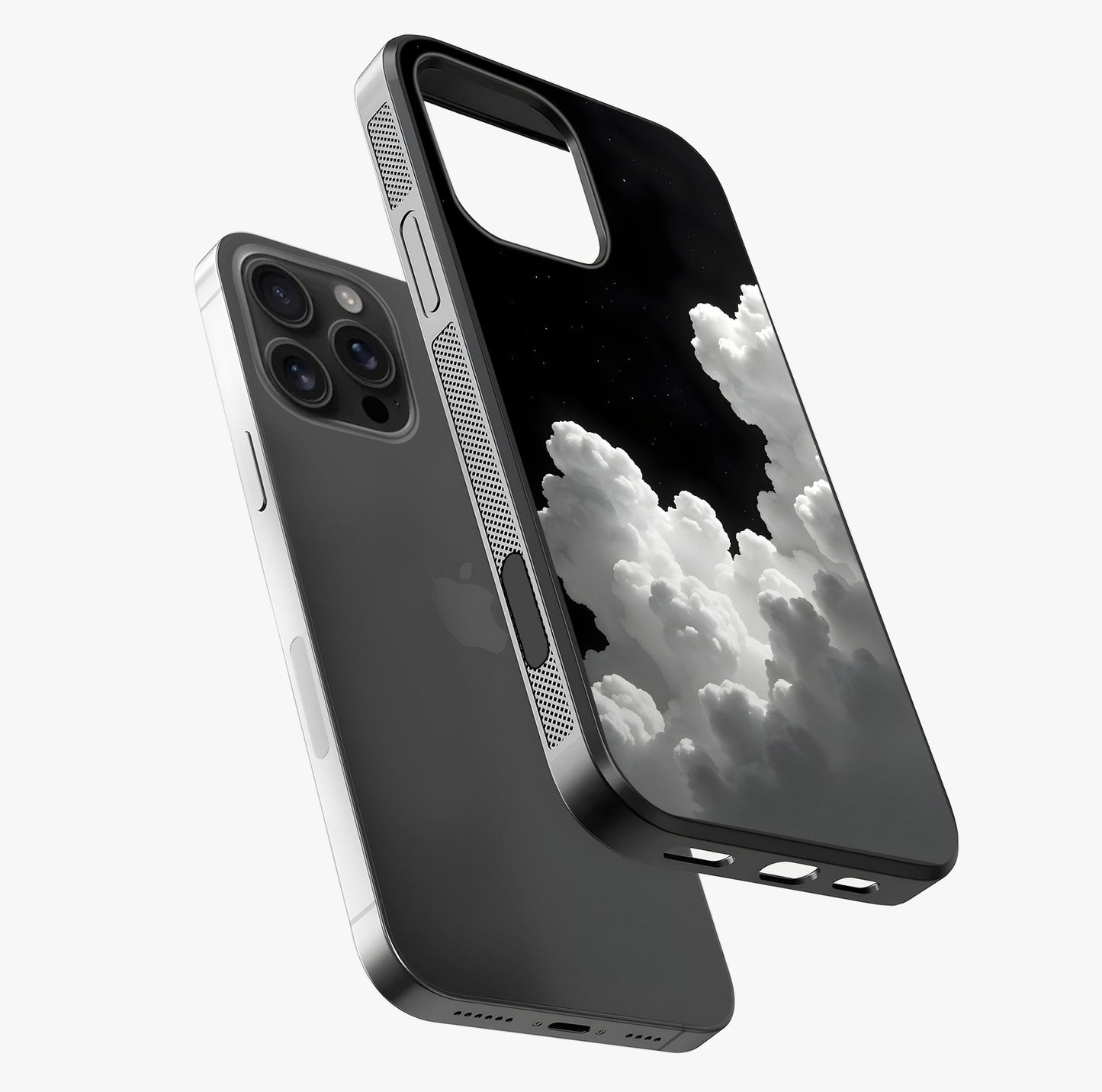 Black Background With White Cloud Glass Case laid diagonally highlighting side profile, edges and glossy glass shine.