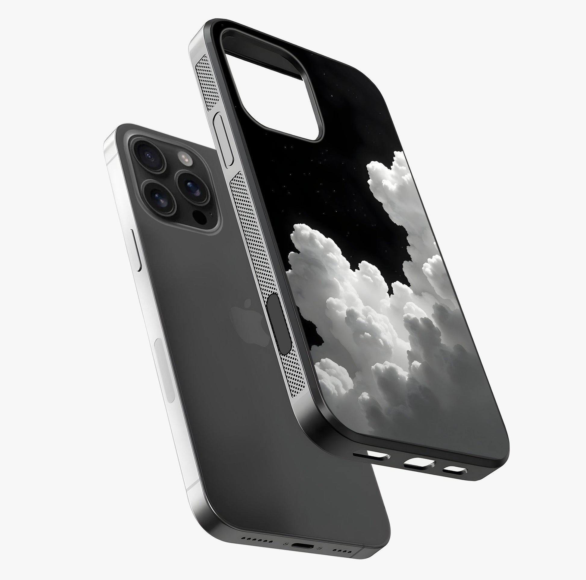 Black Background With White Cloud Glass Case laid diagonally highlighting side profile, edges and glossy glass shine.