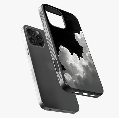 Black Background With White Cloud Glass Case laid diagonally highlighting side profile, edges and glossy glass shine.