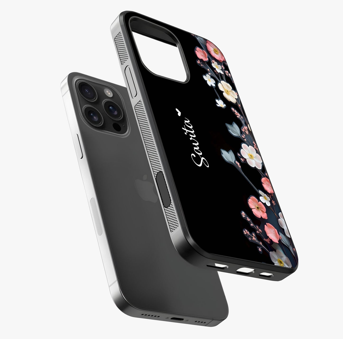 Black Elegance Floral Custom Name Glass Case laid diagonally highlighting side profile, edges and glossy glass shine.
