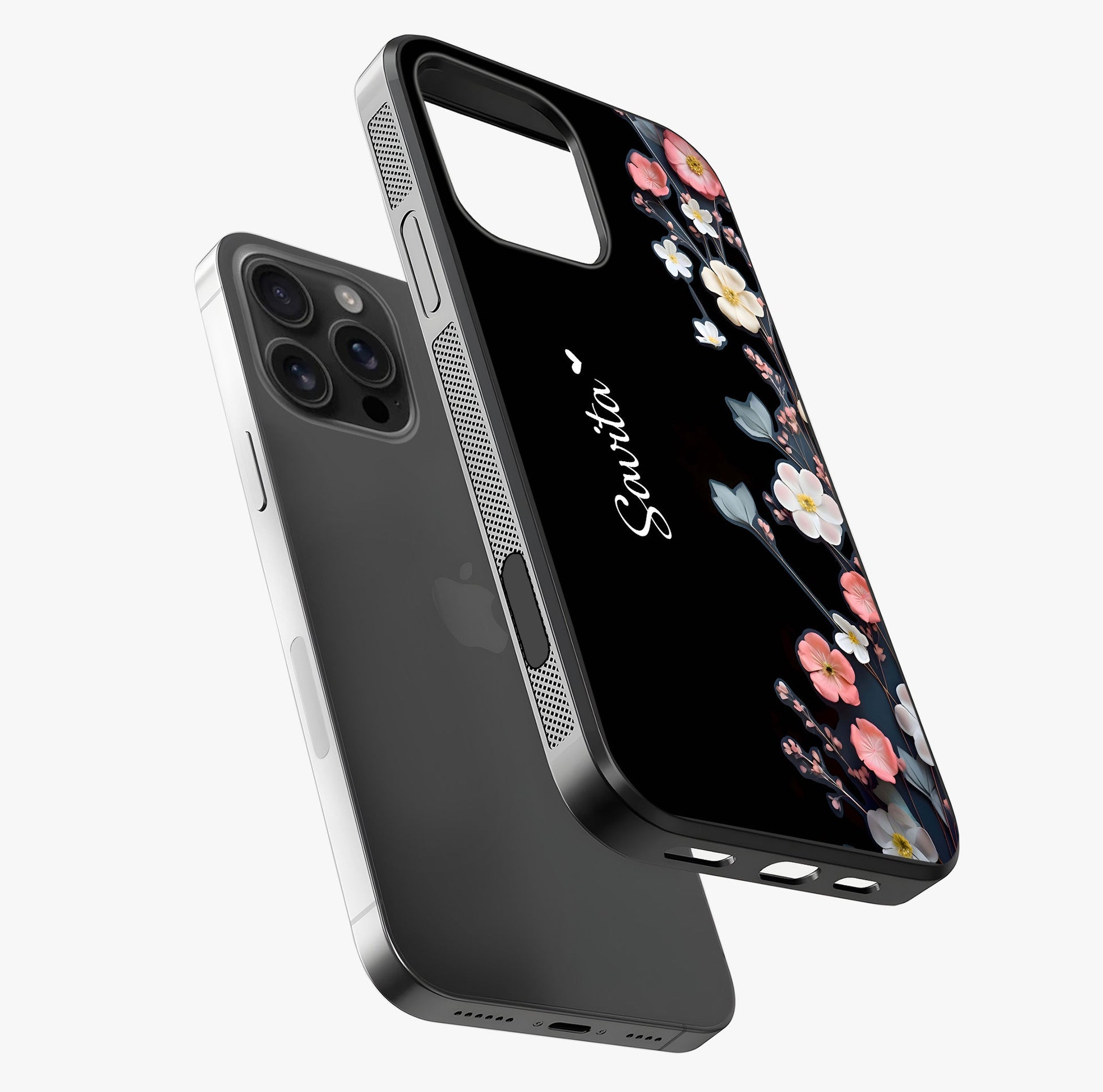 Black Elegance Floral Custom Name Glass Case laid diagonally highlighting side profile, edges and glossy glass shine.