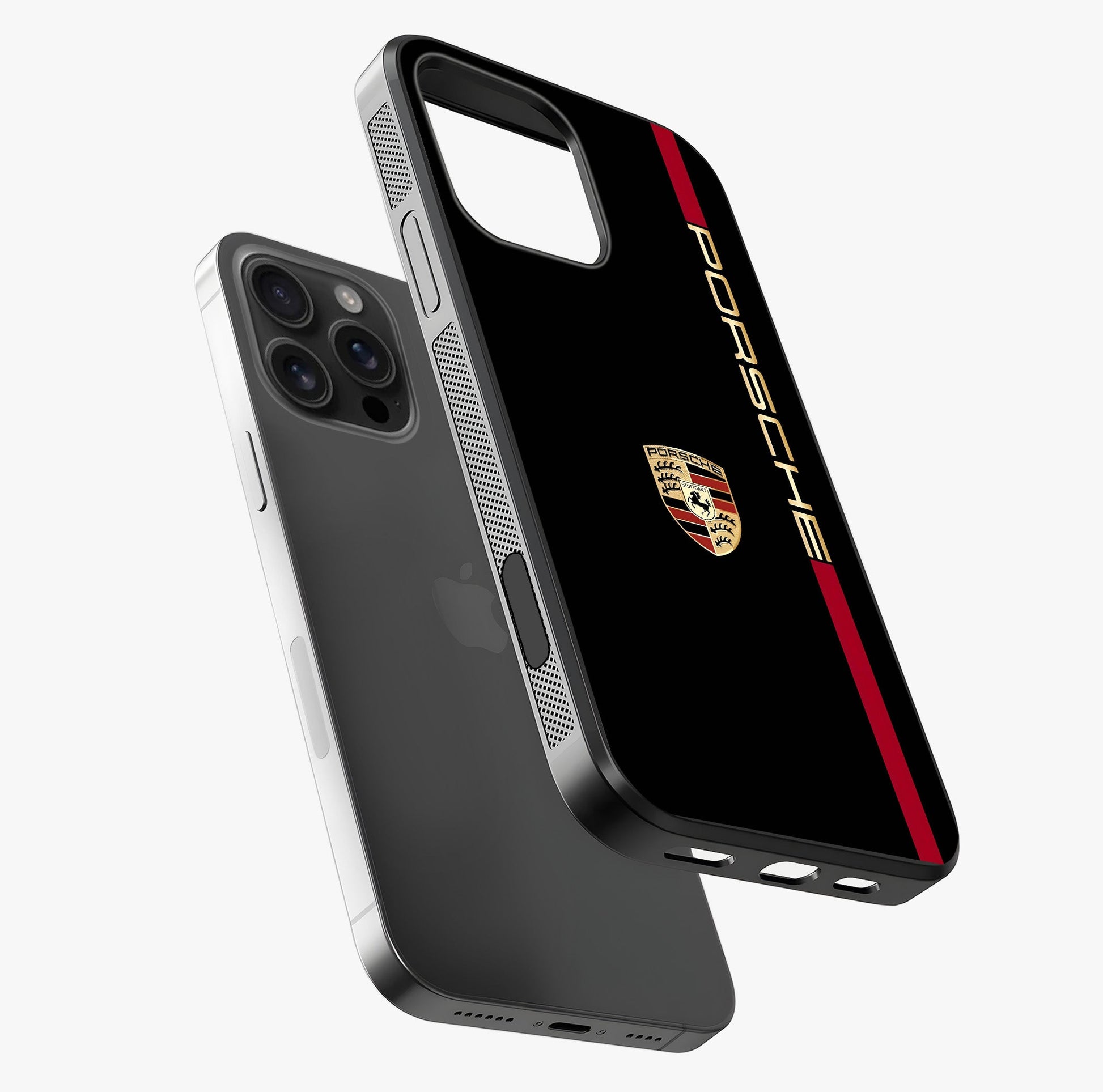 Black Minimal Porsche Glass Case laid diagonally highlighting side profile, edges and glossy glass shine.