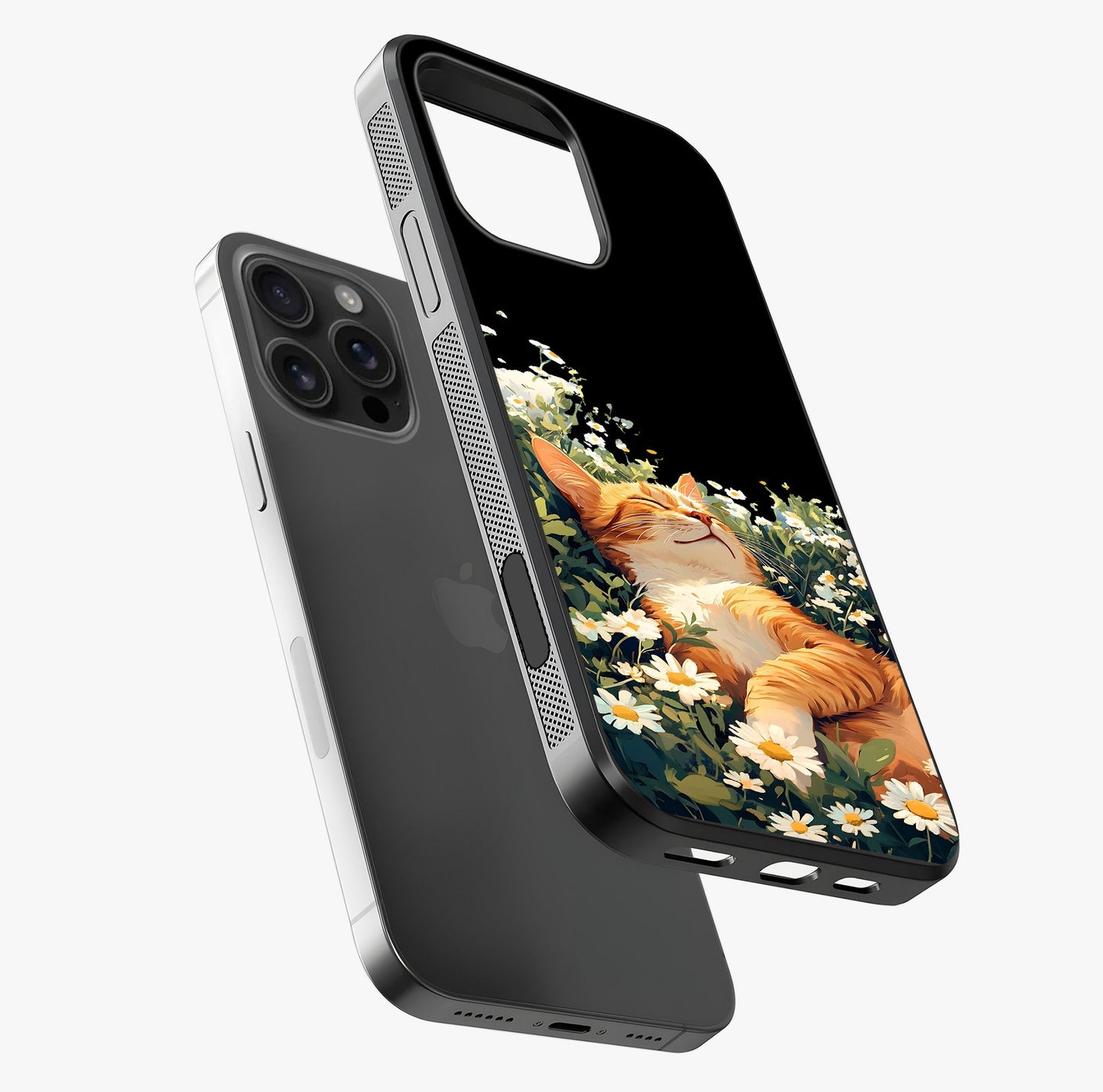 Blissful Bloom Cat Glass Case laid diagonally highlighting side profile, edges and glossy glass shine.