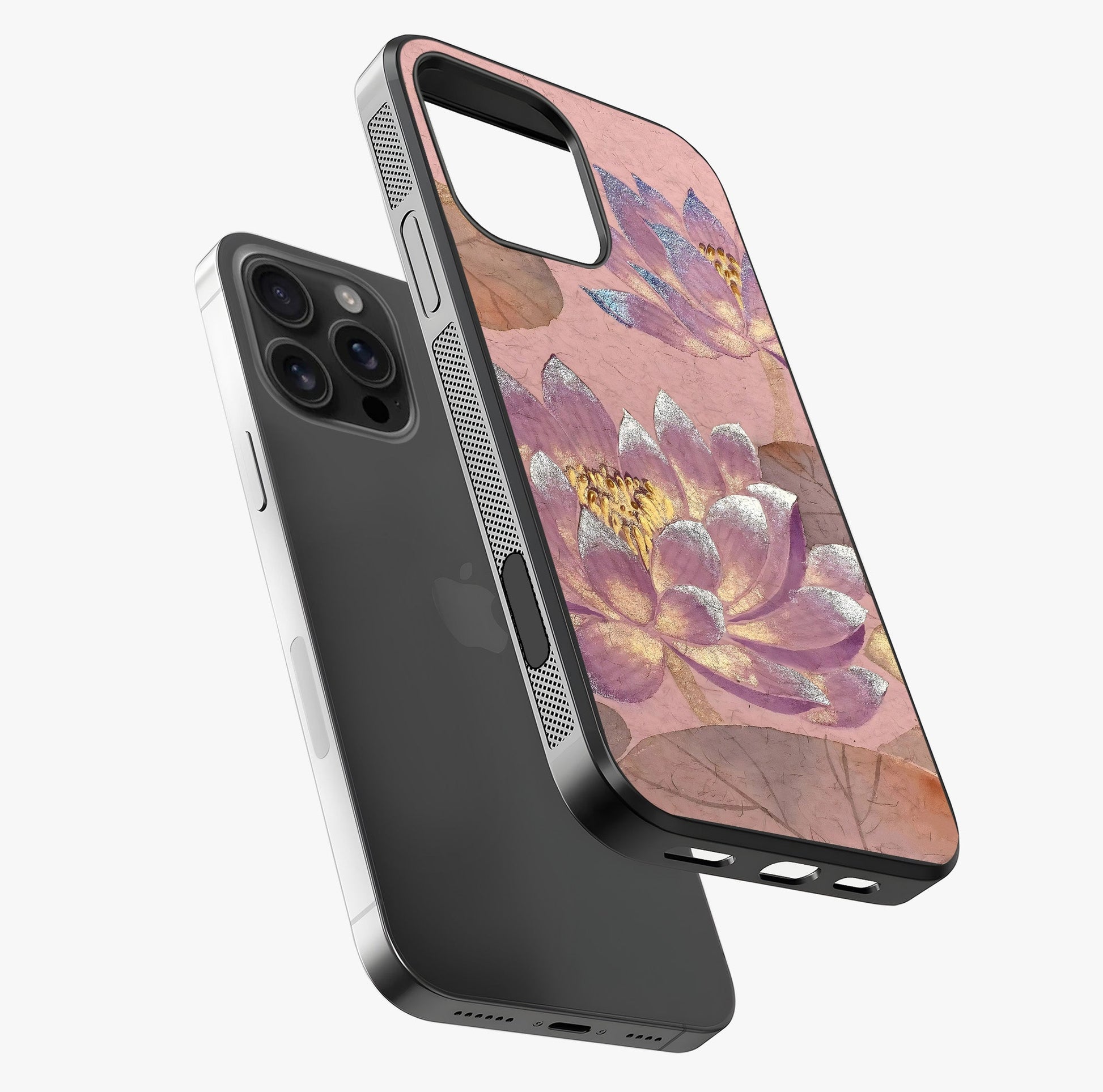 Blossom Mist Lotus Glass Case laid diagonally highlighting side profile, edges and glossy glass shine.