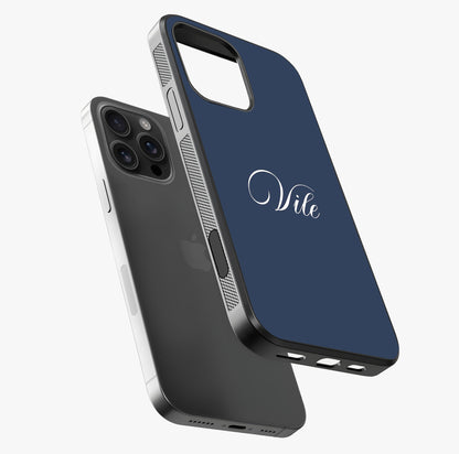 Blue Background Personalized Custom Name Glass Case laid diagonally highlighting side profile, edges and glossy glass shine.