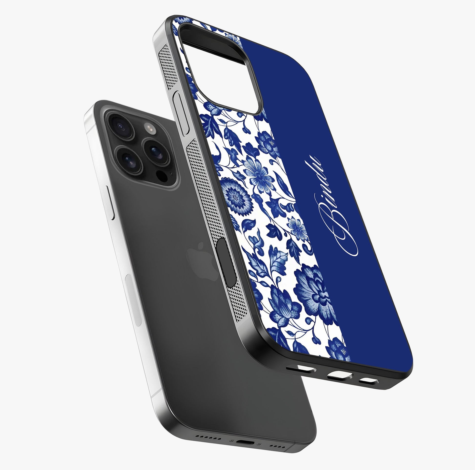 Blue Vintage Floral Pattern Glass Case laid diagonally highlighting side profile, edges and glossy glass shine.