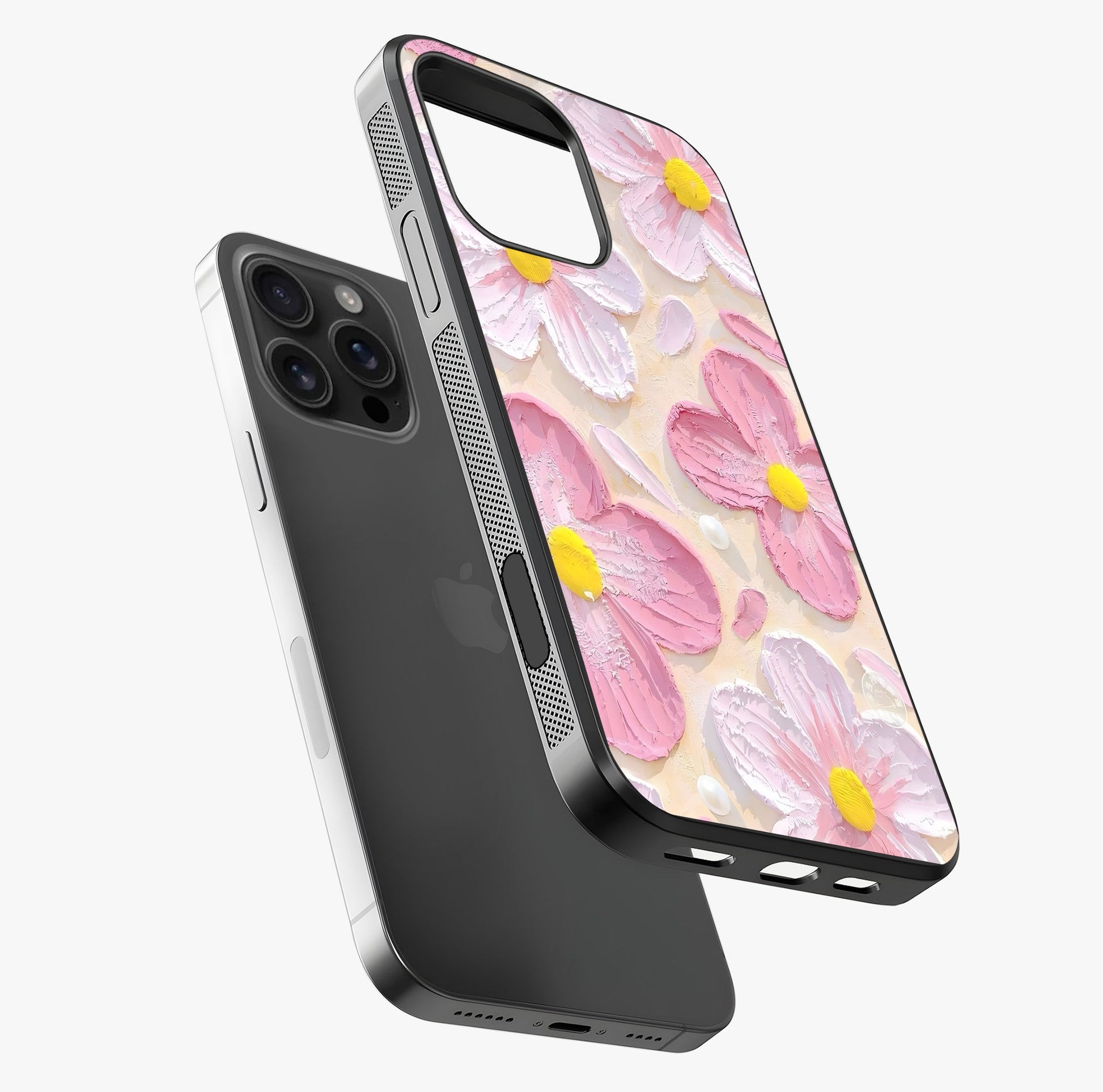 Blush Bloom Texture Glass Case laid diagonally highlighting side profile, edges and glossy glass shine.