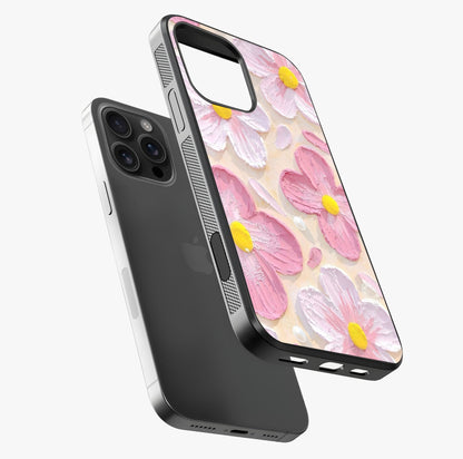 Blush Bloom Texture Glass Case laid diagonally highlighting side profile, edges and glossy glass shine.