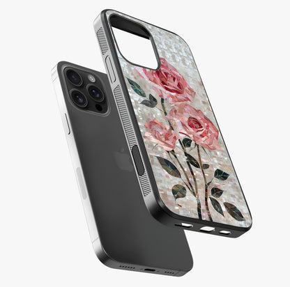 Blush Mosaic Bloom Glass Case laid diagonally highlighting side profile, edges and glossy glass shine.