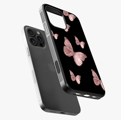 Butterfly Pattern Glass Case laid diagonally highlighting side profile, edges and glossy glass shine.