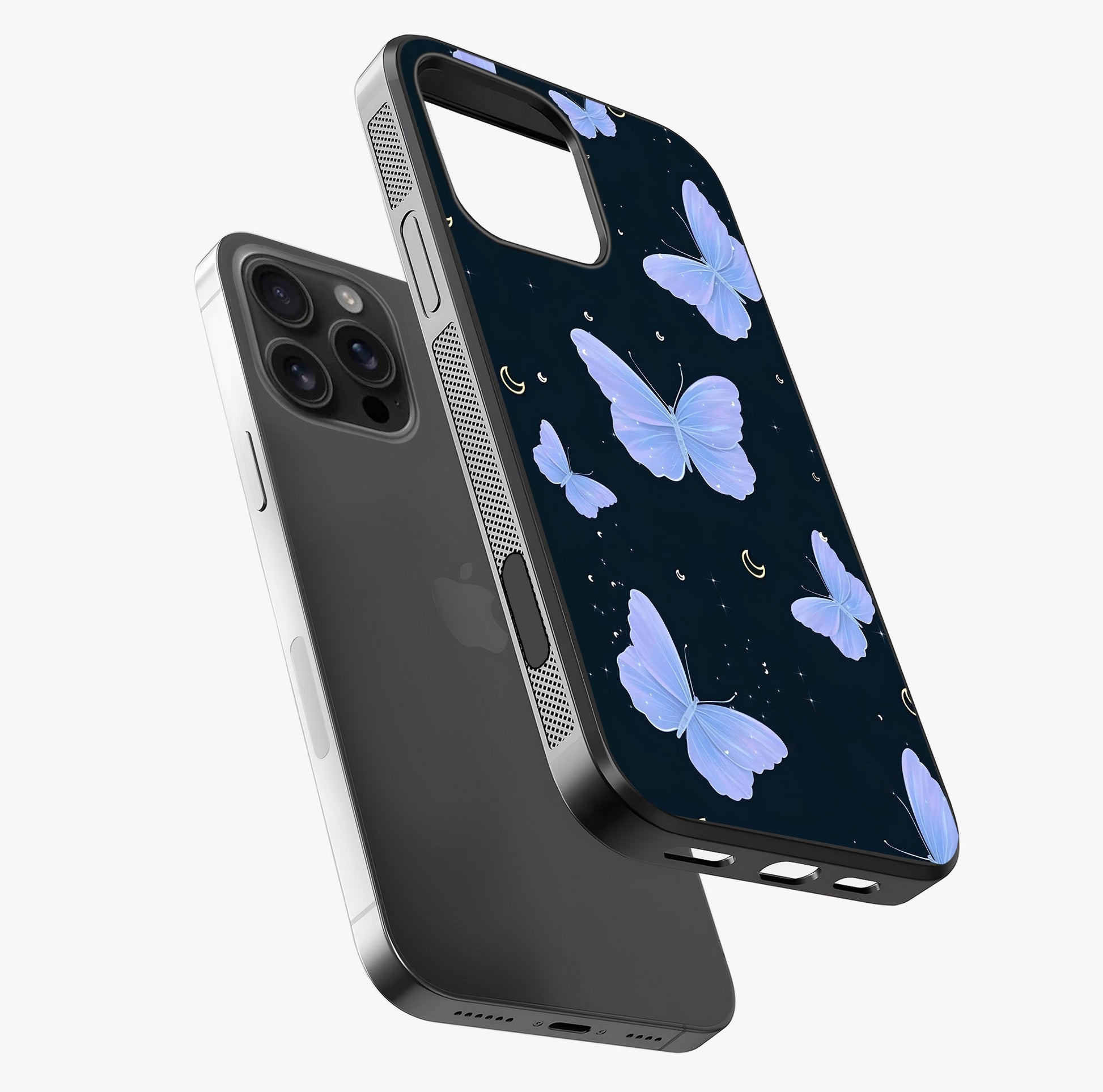 Butterfly With Stars Pattern Glass Case laid diagonally highlighting side profile, edges and glossy glass shine.