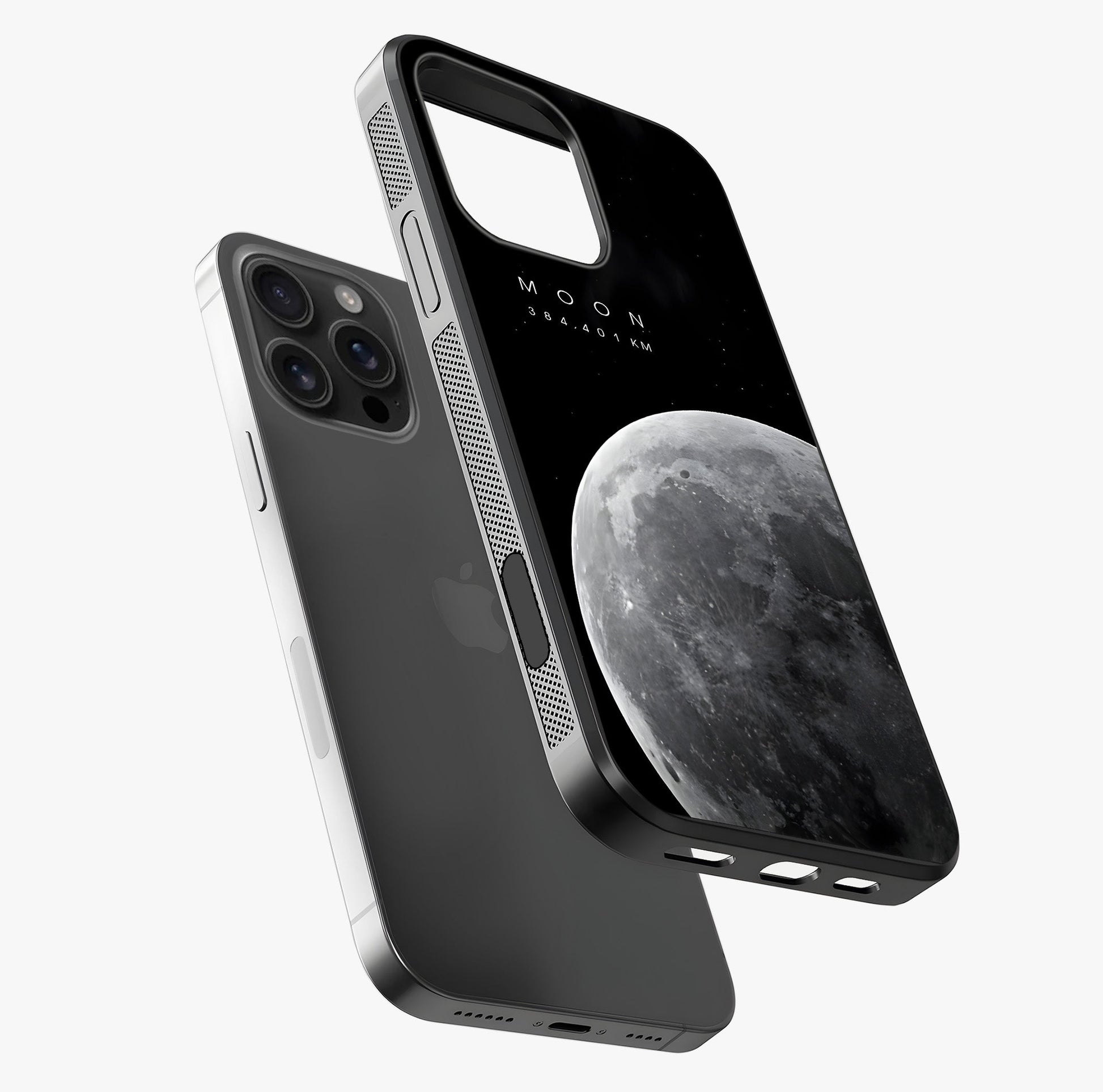Cosmic Moon Glow Glass Case laid diagonally highlighting side profile, edges and glossy glass shine.