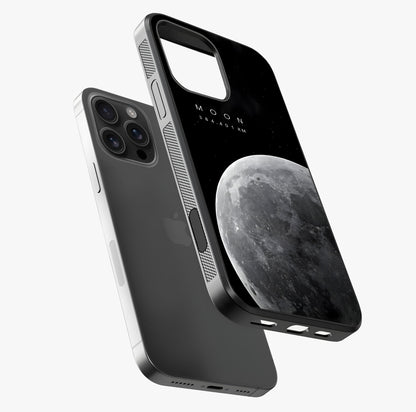 Cosmic Moon Glow Glass Case laid diagonally highlighting side profile, edges and glossy glass shine.