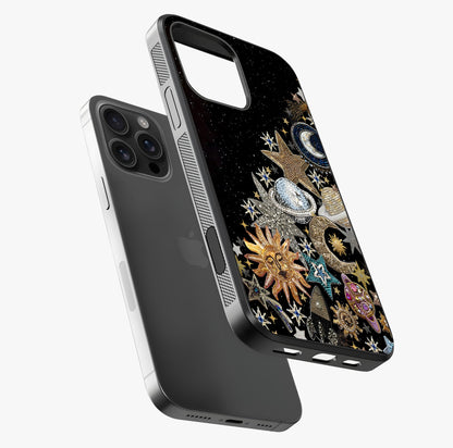 Cosmic Sparkle Dreams Glass Case laid diagonally highlighting side profile, edges and glossy glass shine.