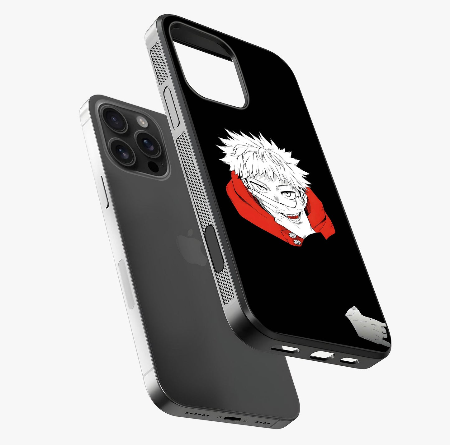 Crimson Chaos Smile Glass Case laid diagonally highlighting side profile, edges and glossy glass shine.