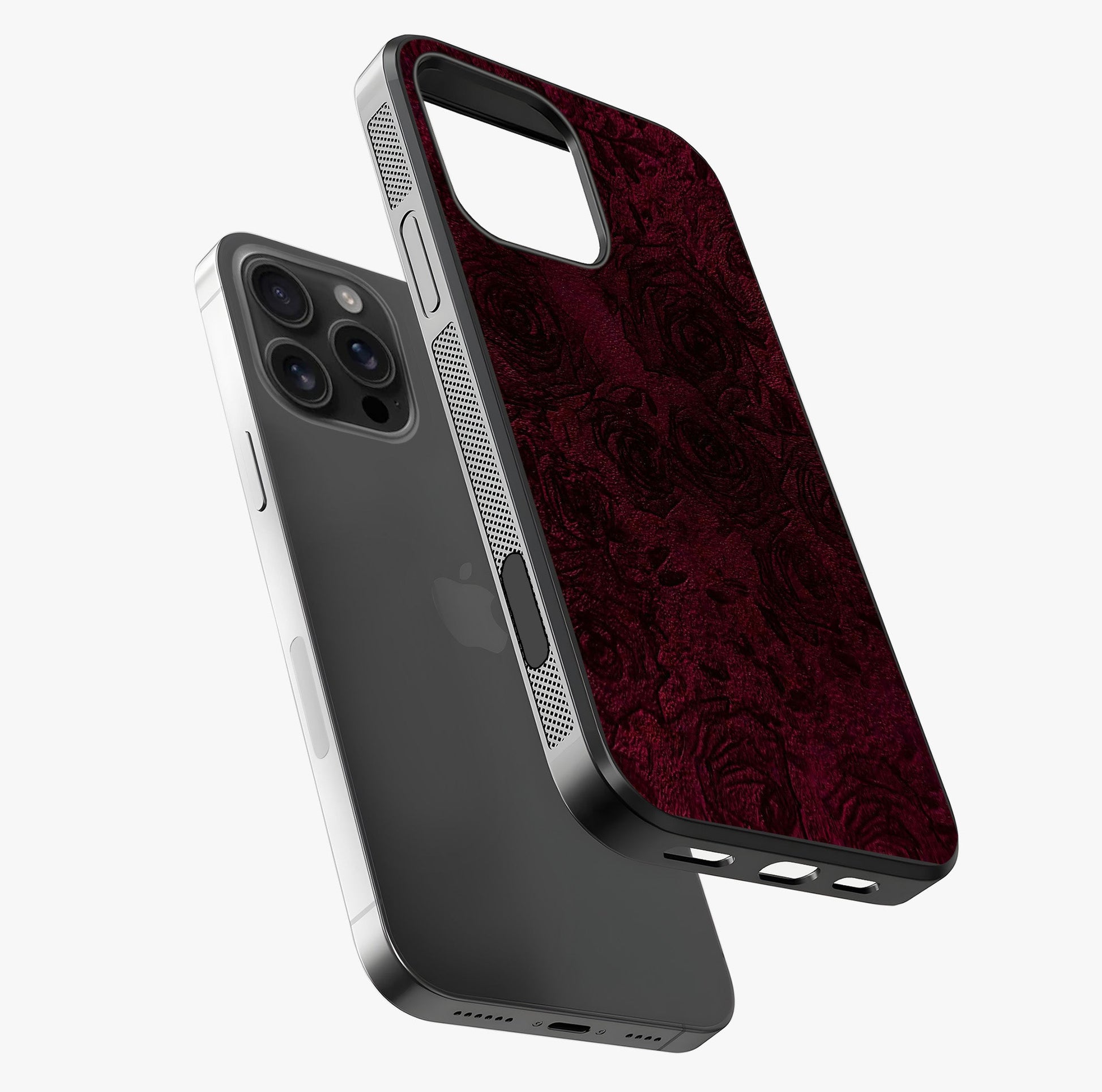 Crimson Fade Flow Glass Case laid diagonally highlighting side profile, edges and glossy glass shine.