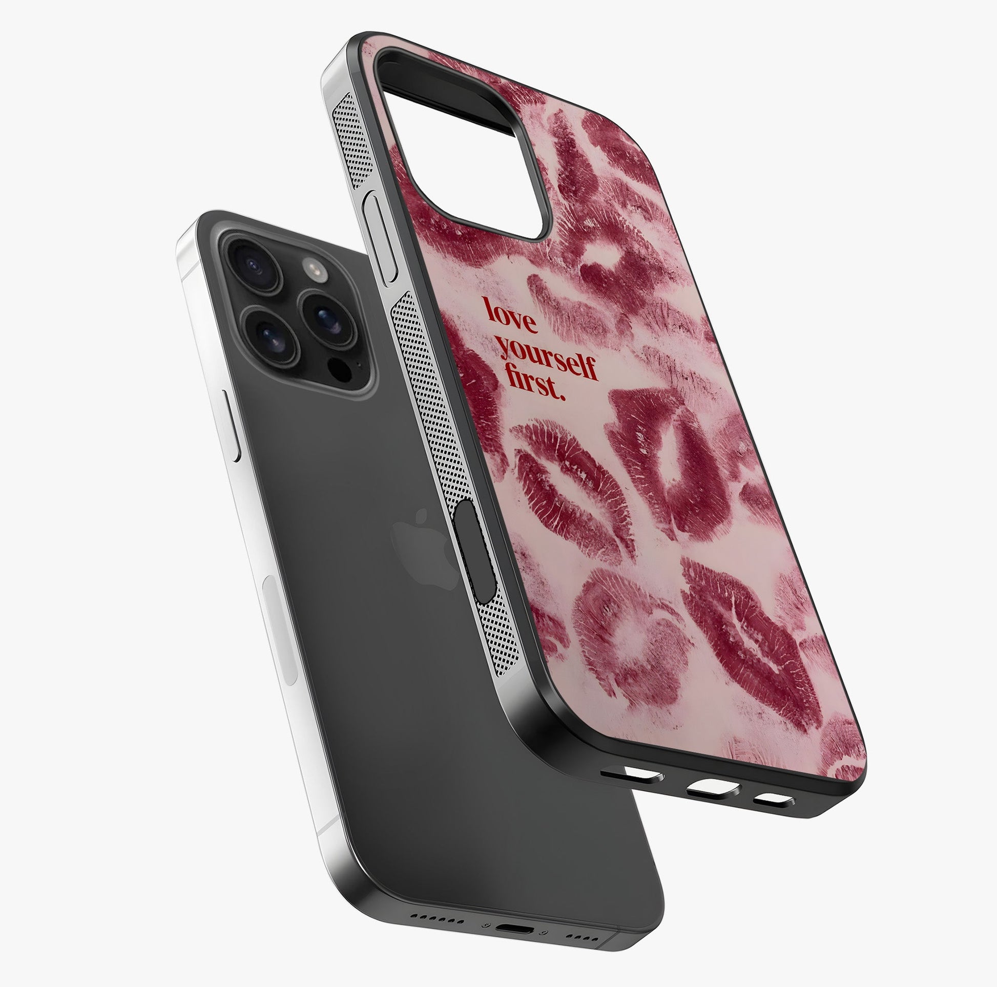 Crimson Kiss Love Glass Case laid diagonally highlighting side profile, edges and glossy glass shine.
