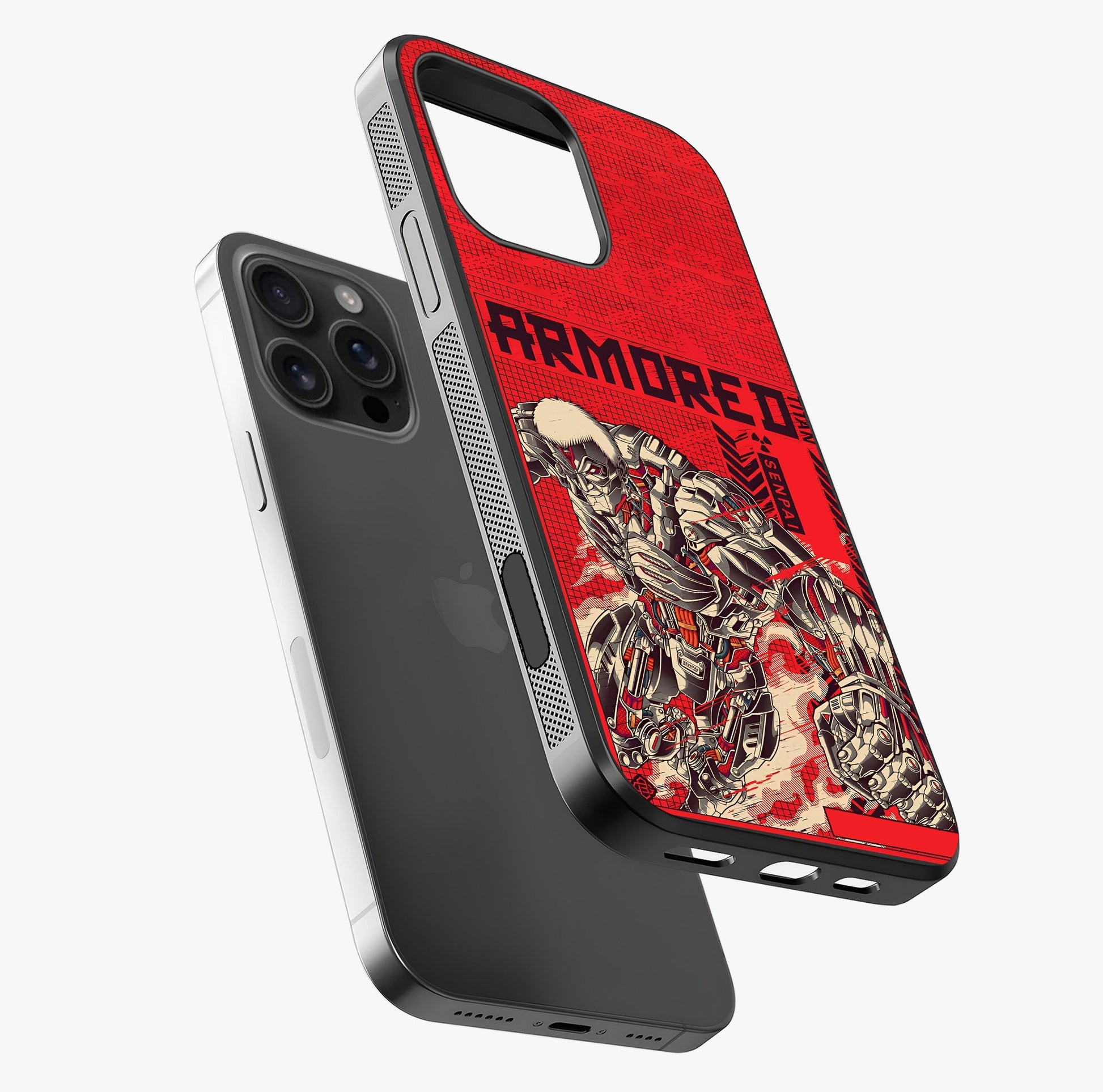 Crimson Mecha Titan Glass Case laid diagonally highlighting side profile, edges and glossy glass shine.