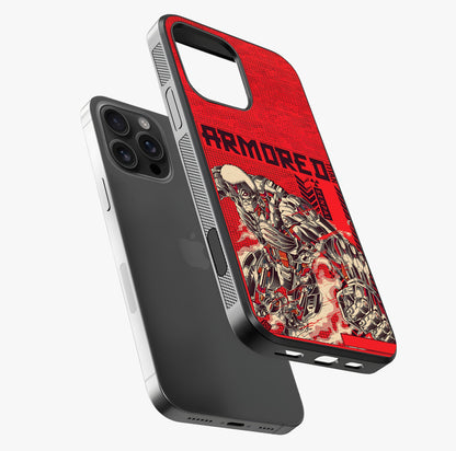 Crimson Mecha Titan Glass Case laid diagonally highlighting side profile, edges and glossy glass shine.