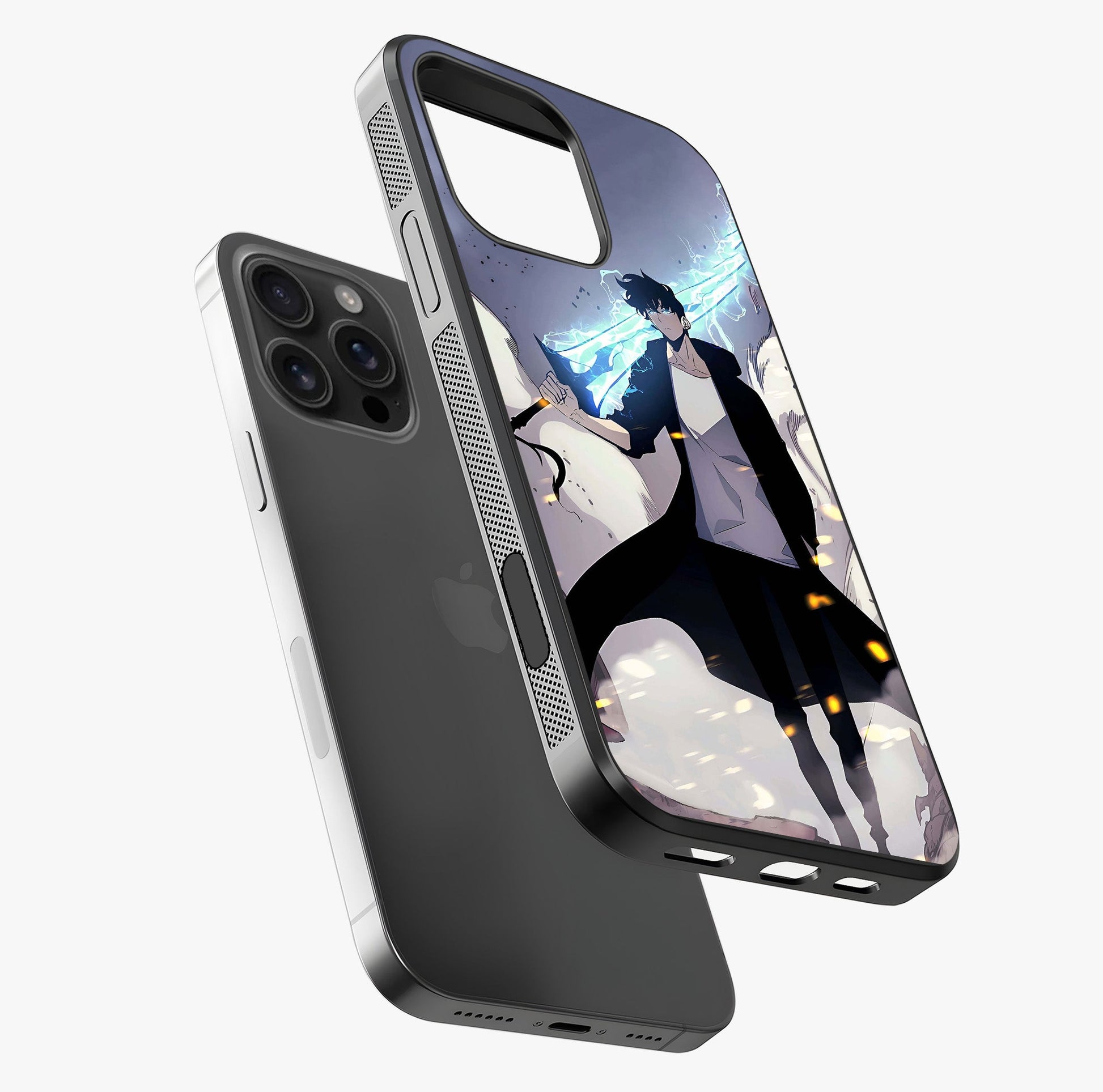 Dark Lightning Anime Warrior Glass Case laid diagonally highlighting side profile, edges and glossy glass shine.
