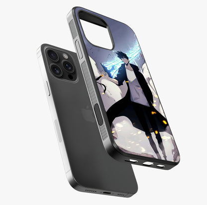 Dark Lightning Anime Warrior Glass Case laid diagonally highlighting side profile, edges and glossy glass shine.