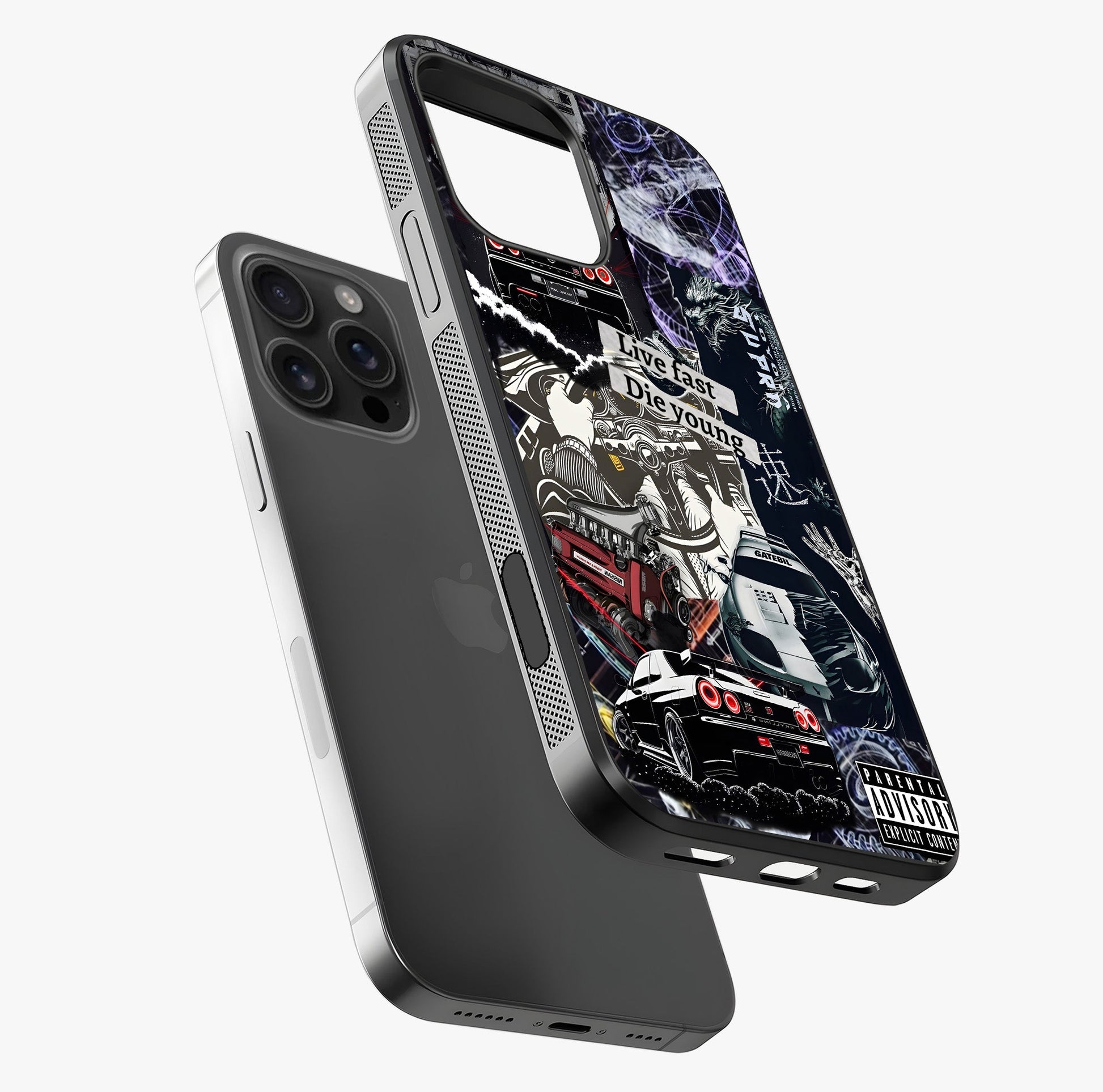 Die Young Glass Case laid diagonally highlighting side profile, edges and glossy glass shine.