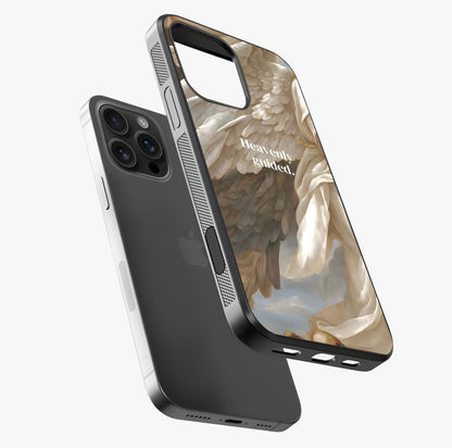 Divine Winged Grace Glass Case laid diagonally highlighting side profile, edges and glossy glass shine.