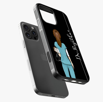 Doctor Pattern Custom Name Glass Case laid diagonally highlighting side profile, edges and glossy glass shine.