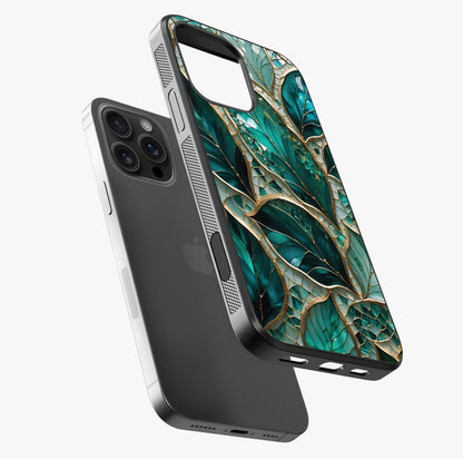 Emerald Leaf Glass Glass Case laid diagonally highlighting side profile, edges and glossy glass shine.