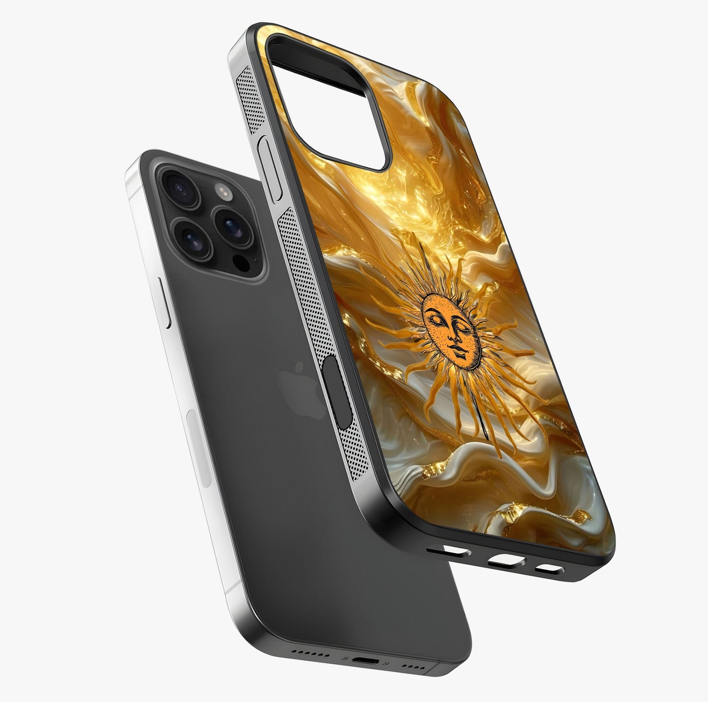 Eternal Golden Glow Glass Case laid diagonally highlighting side profile, edges and glossy glass shine.