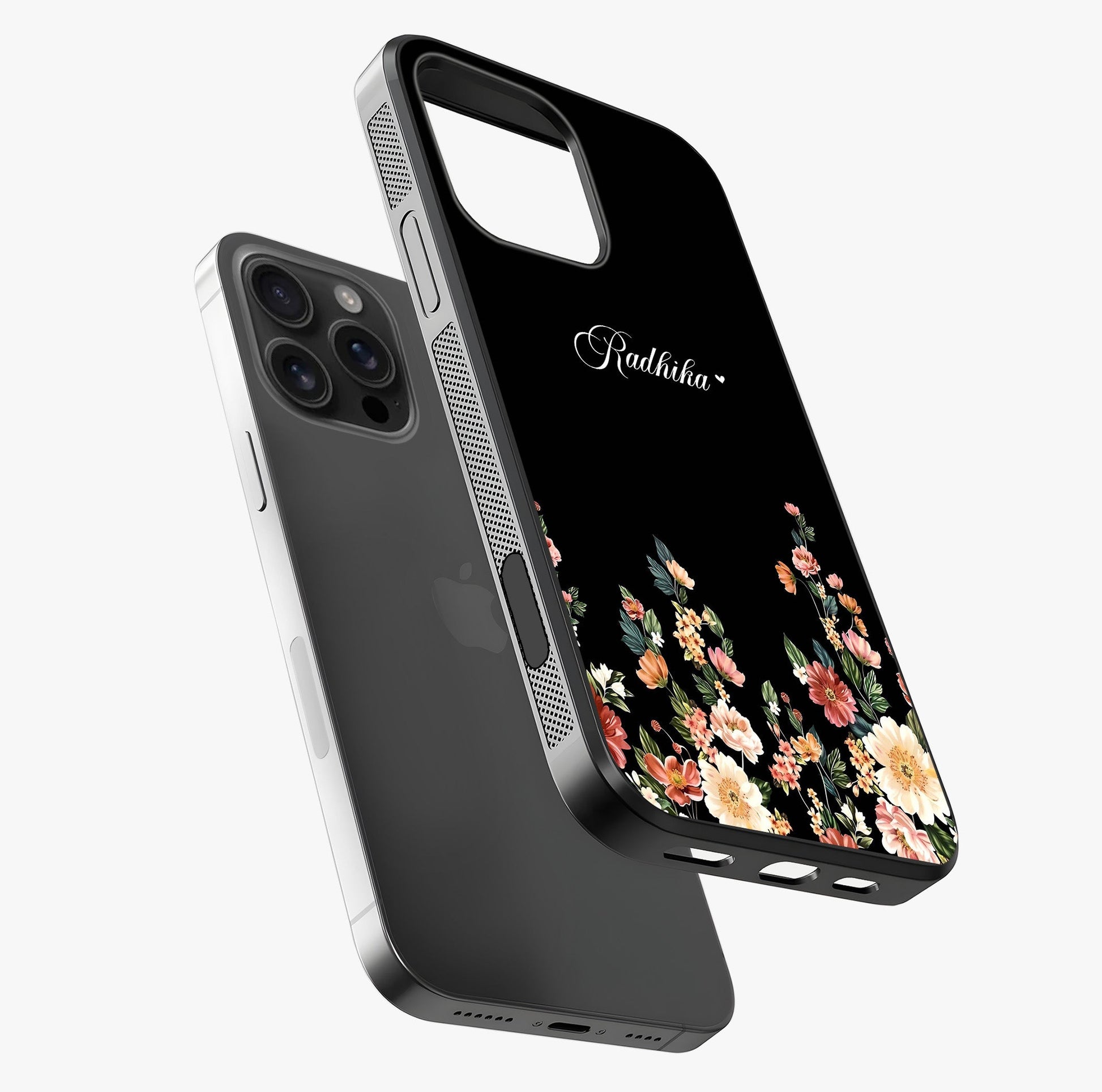 Floral Design With A Custom Personalized Name Glass Case laid diagonally highlighting side profile, edges and glossy glass shine.