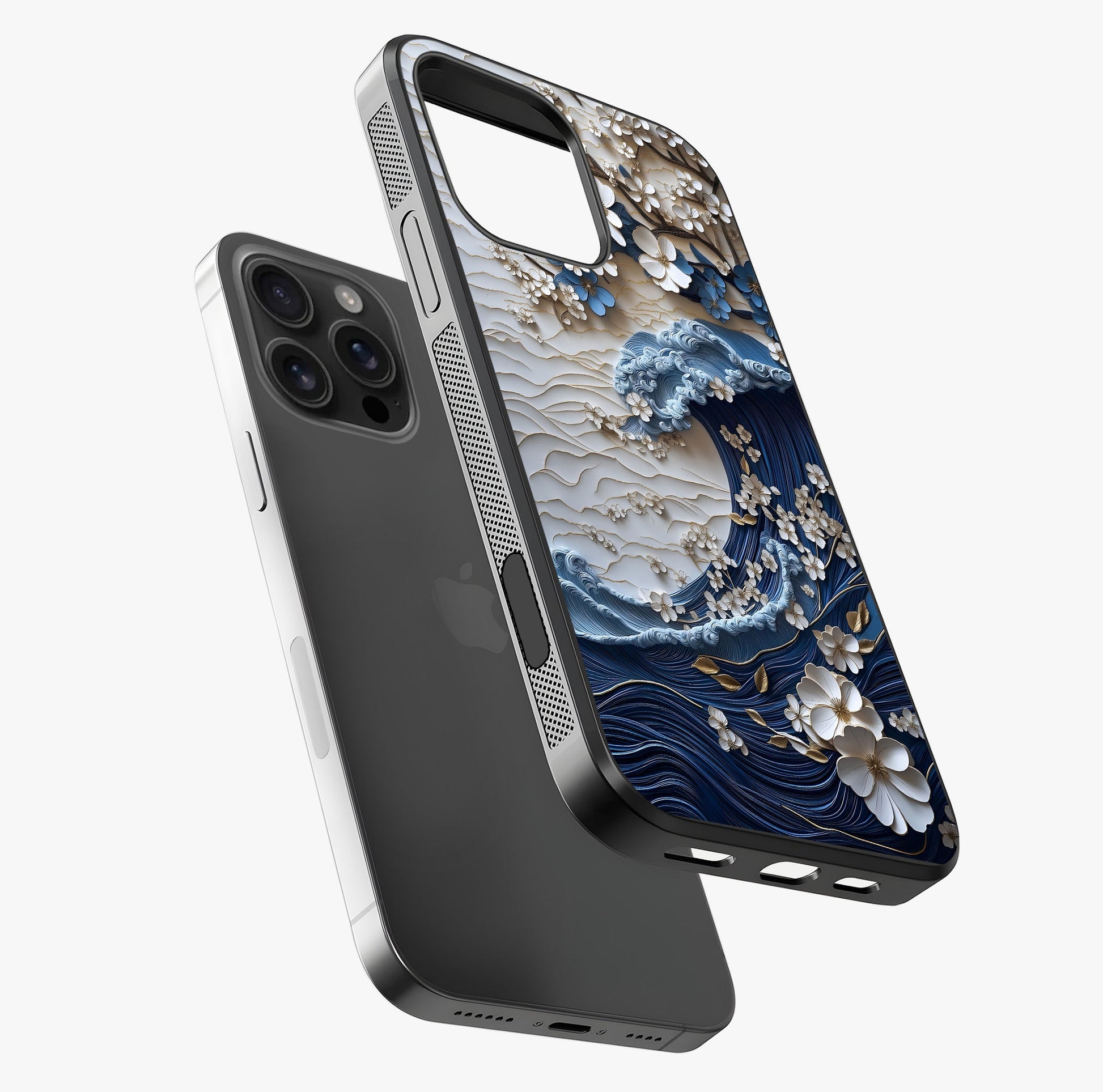 Floral Wave Origami Glass Case laid diagonally highlighting side profile, edges and glossy glass shine.