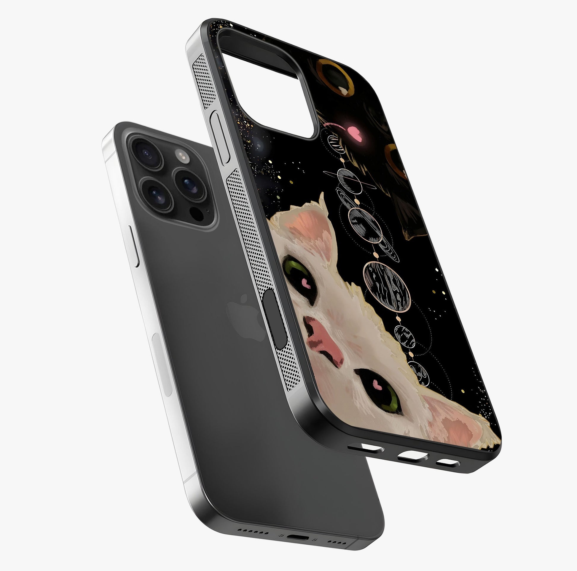 Galactic Cat Glass Case laid diagonally highlighting side profile, edges and glossy glass shine.
