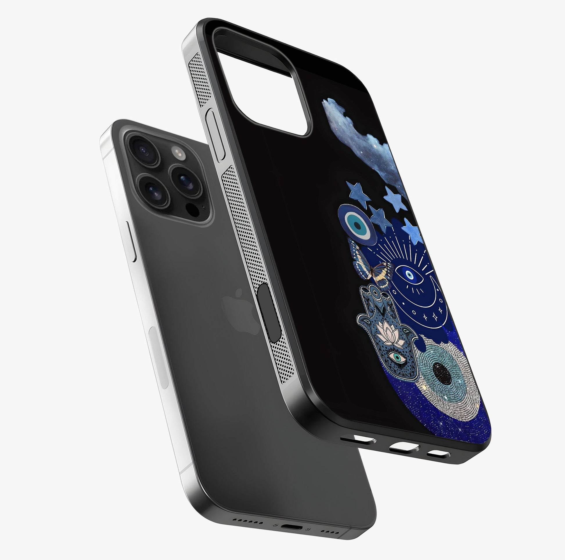 Galactic Charm Cluster Glass Case laid diagonally highlighting side profile, edges and glossy glass shine.