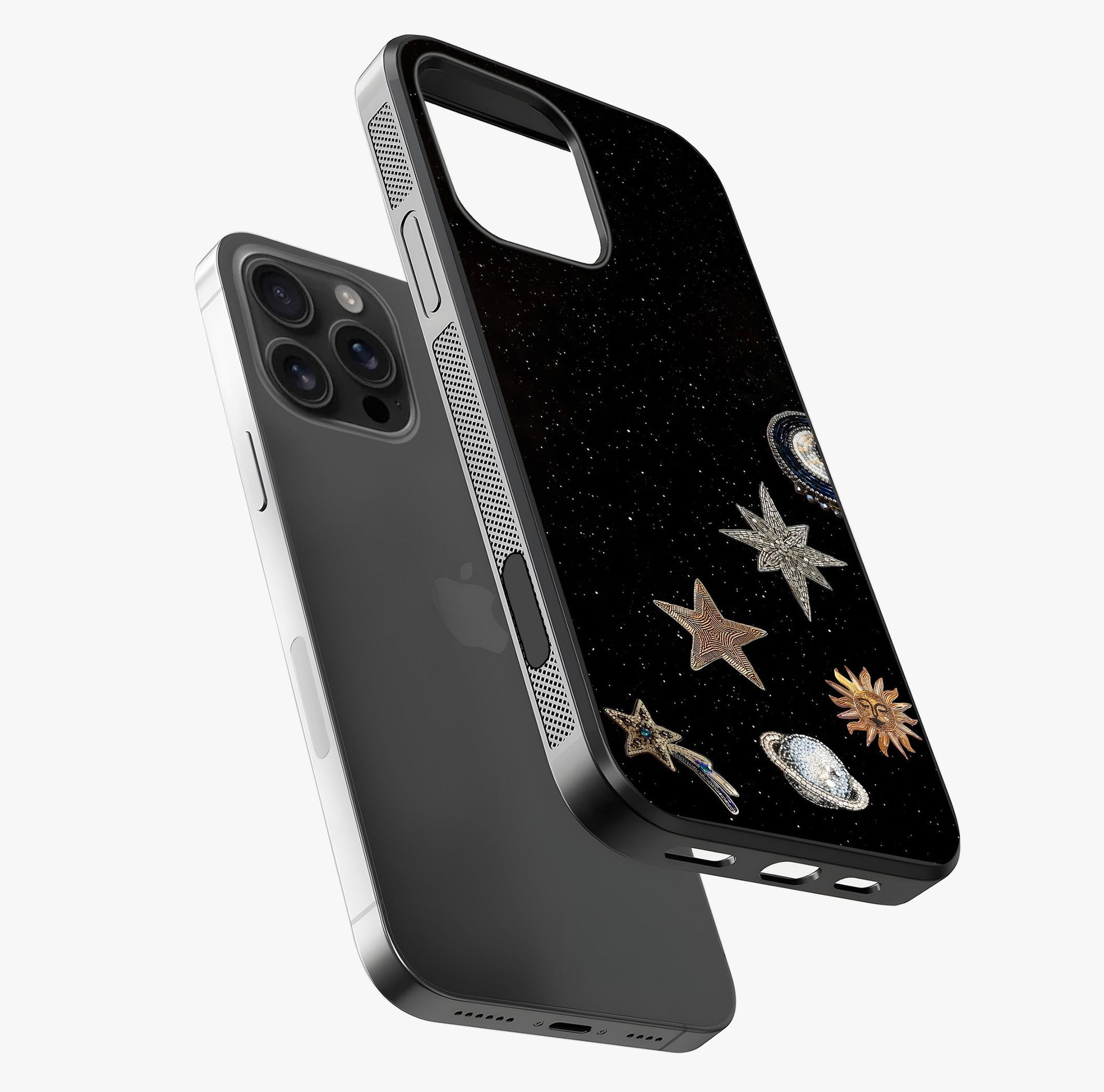 Galactic Charm Glow Glass Case laid diagonally highlighting side profile, edges and glossy glass shine.