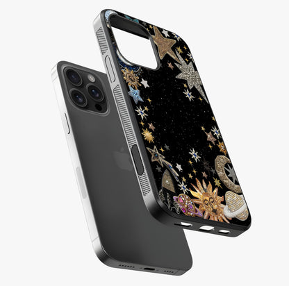 Galactic Jewel Stars Glass Case laid diagonally highlighting side profile, edges and glossy glass shine.