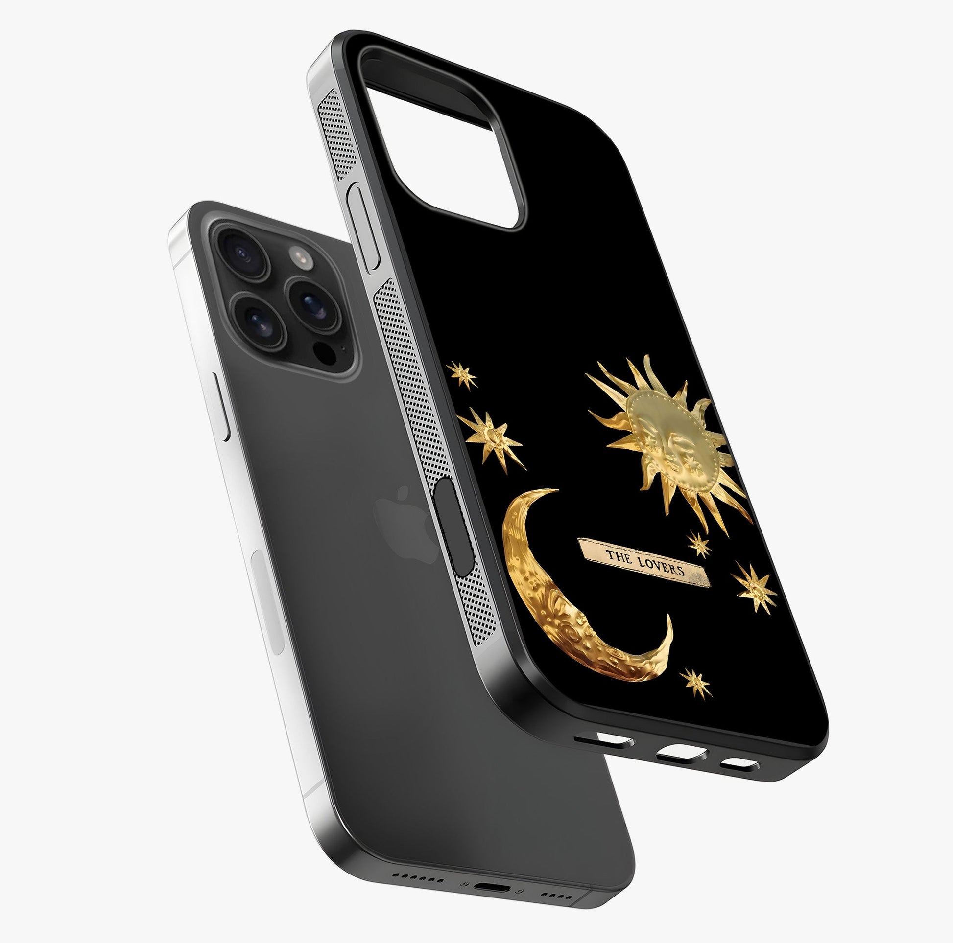 Golden Celestial Charm Glass Case laid diagonally highlighting side profile, edges and glossy glass shine.