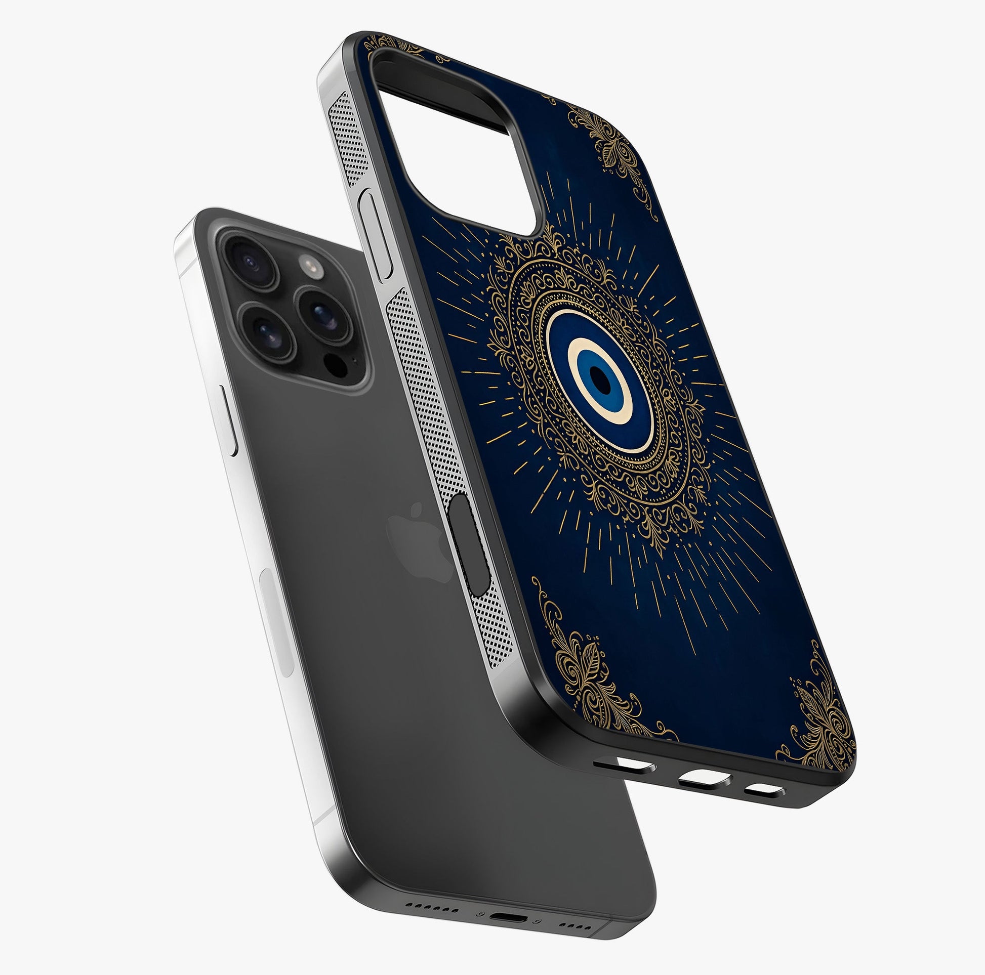 Golden Evil Eye Mandala Glass Case laid diagonally highlighting side profile, edges and glossy glass shine.