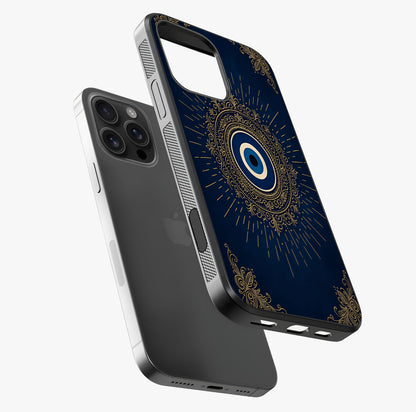 Golden Evil Eye Mandala Glass Case laid diagonally highlighting side profile, edges and glossy glass shine.