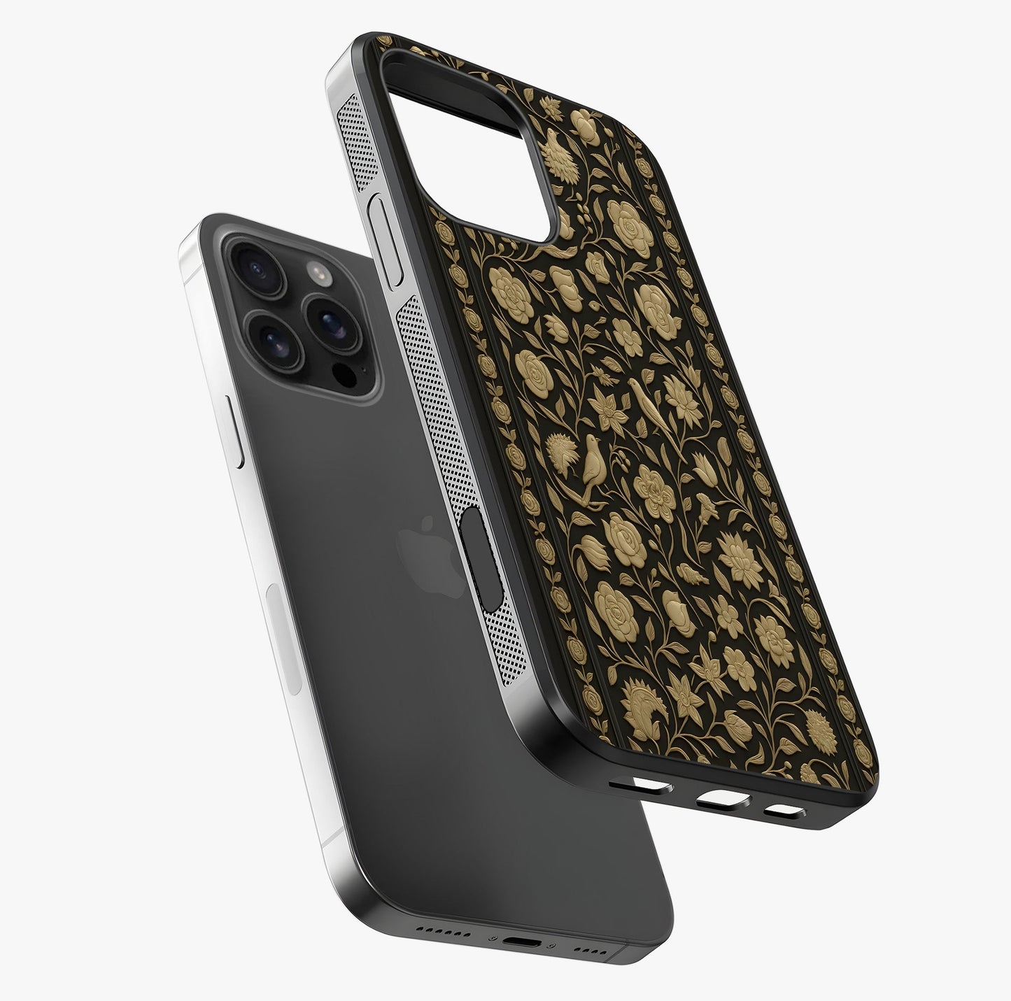 Golden Floral Majesty Glass Case laid diagonally highlighting side profile, edges and glossy glass shine.