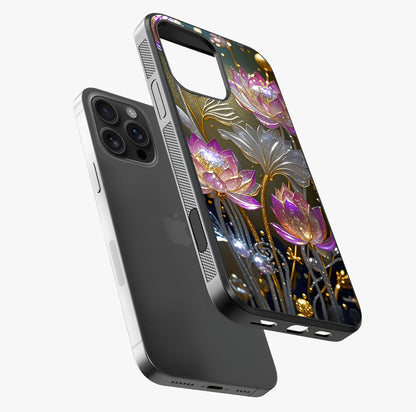 Golden Lotus Glow Glass Case laid diagonally highlighting side profile, edges and glossy glass shine.