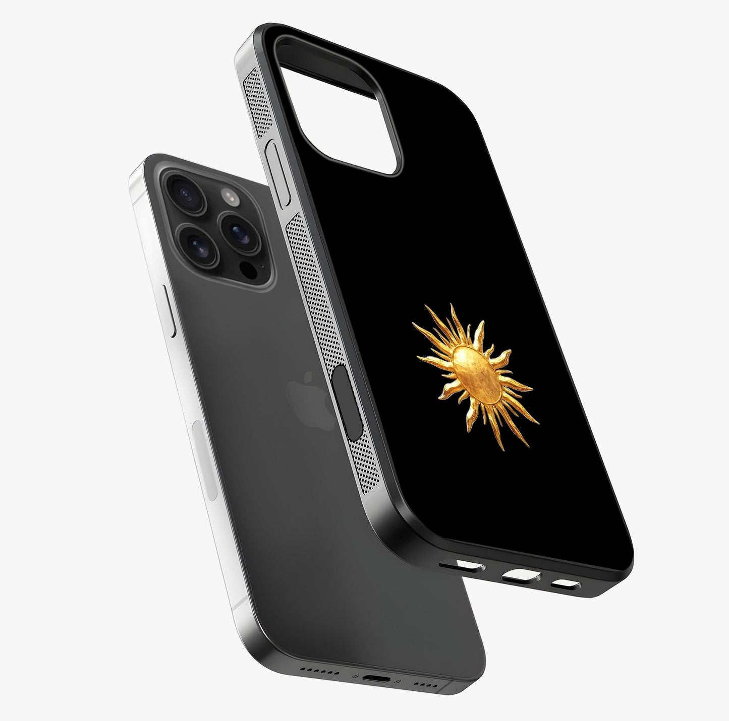 Golden Sun Minimalism Glass Case laid diagonally highlighting side profile, edges and glossy glass shine.