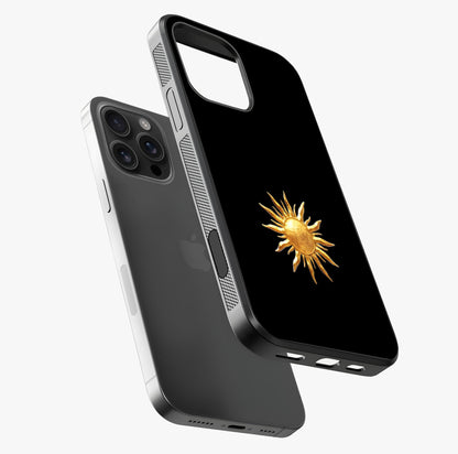 Golden Sun Minimalism Glass Case laid diagonally highlighting side profile, edges and glossy glass shine.