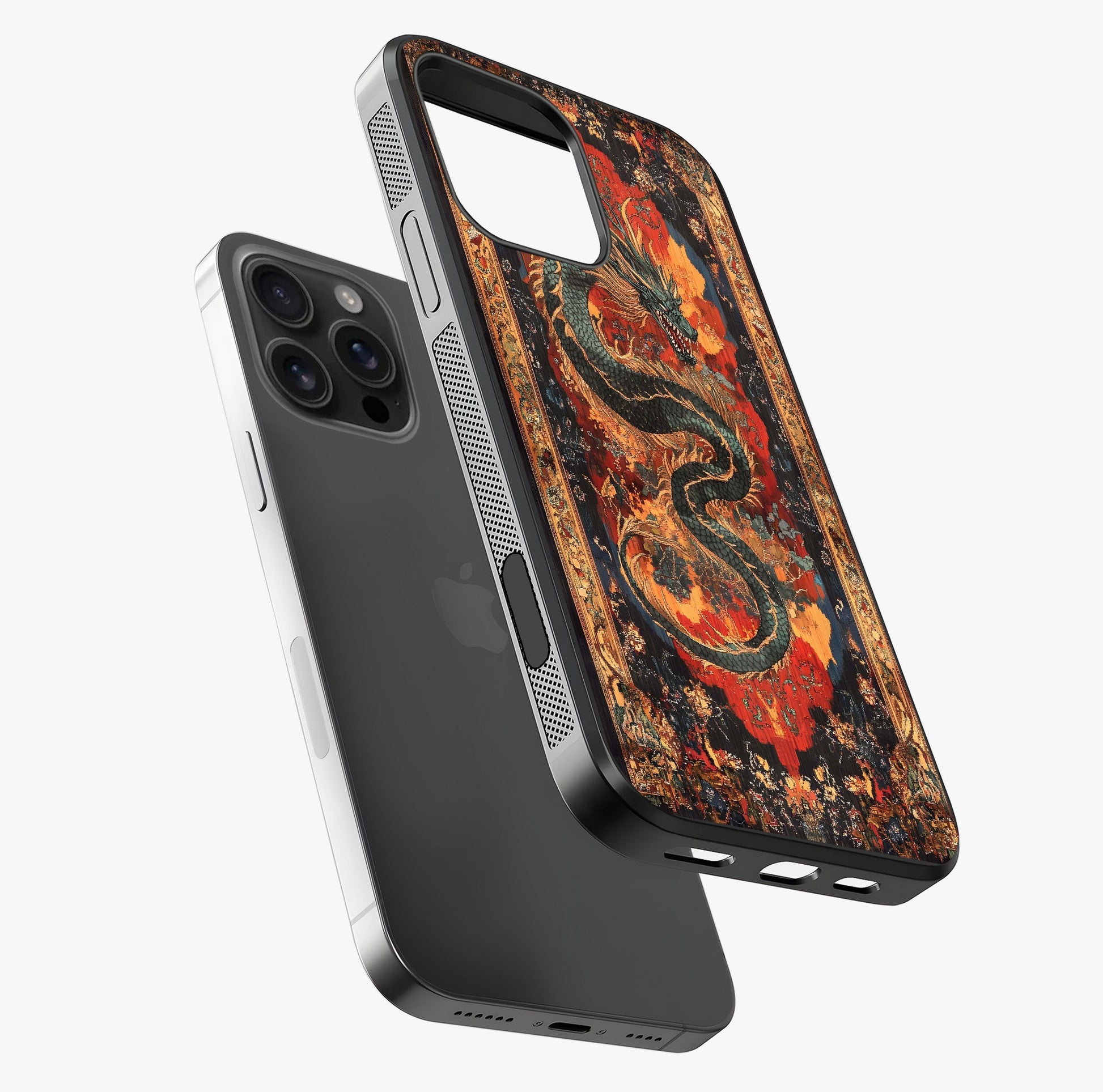 Inferno Dragon Soul Glass Case laid diagonally highlighting side profile, edges and glossy glass shine.